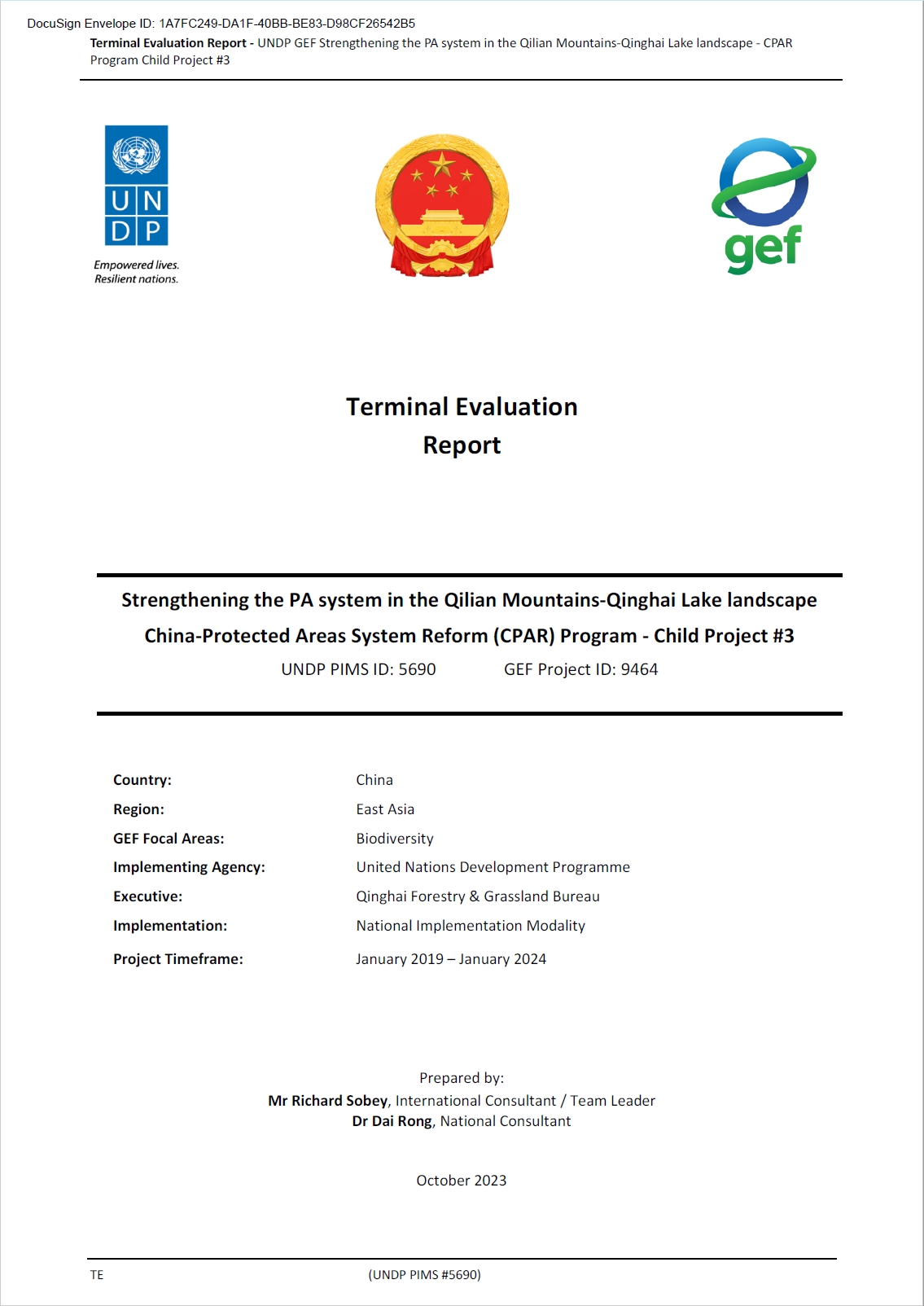 Terminal Evaluation for the China's Protected Area Reform (C-PAR) 3 (PIMS 5690)