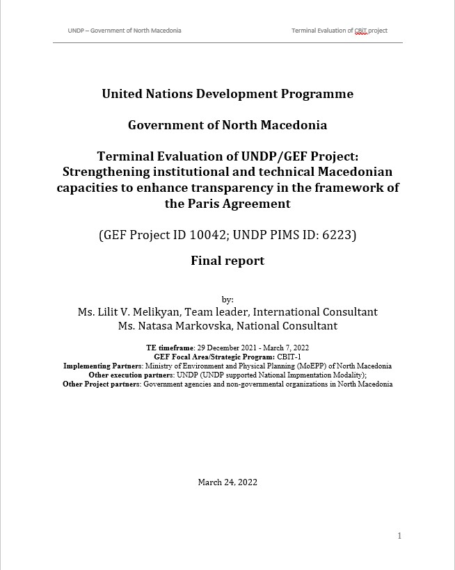 Terminal Evaluation for the GEF project “Strengthening institutional and technical Macedonian capacities to enhance transparency in the framework of Paris Agreement”