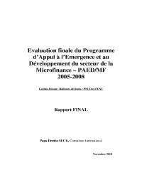 Evaluation finale du Programme d'Appui à l'Emergence et au Développement du secteur de la Microfinance - PAED/MF