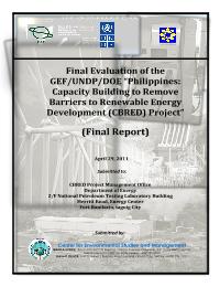 Final Evaluation of the  GEF/UNDP/DOE "Philippines: Capacity Building to Remove Barriers to Renewal Energy Development (CBRED) Project"